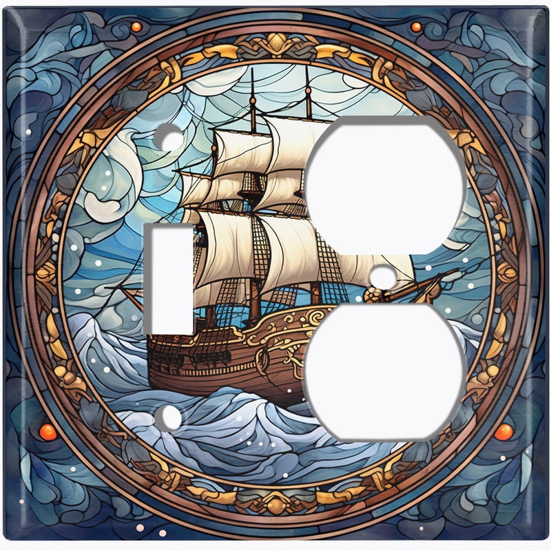 Metal Light Switch Wall Plate Outlet Cover (Printed Image of Stained Glass Pirate Ship - 2 Gang Toggle/Duplex)