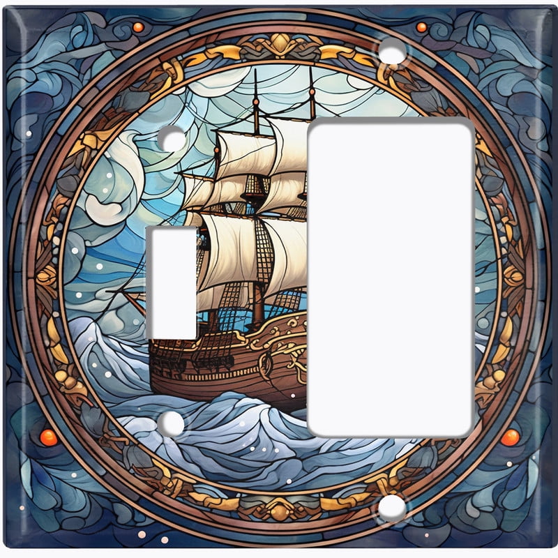 Metal Light Switch Wall Plate Outlet Cover (Printed Image of Stained Glass Pirate Ship - 2 Gang Toggle/GFI Rocker)
