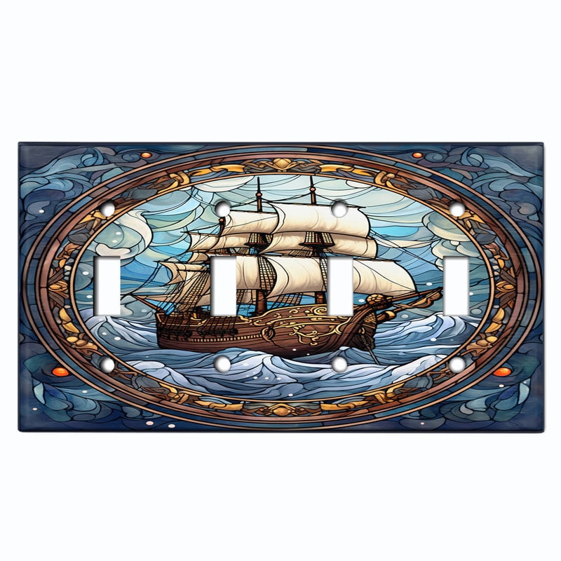 Metal Light Switch Wall Plate Outlet Cover (Printed Image of Stained Glass Pirate Ship - Quad Toggle)