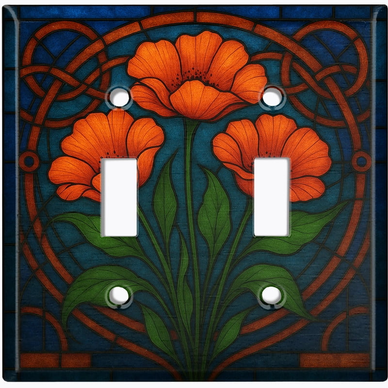 Metal Light Switch Wall Plate Outlet Cover (Printed Image of Stained Glass Poppy Flowers - Double Toggle)