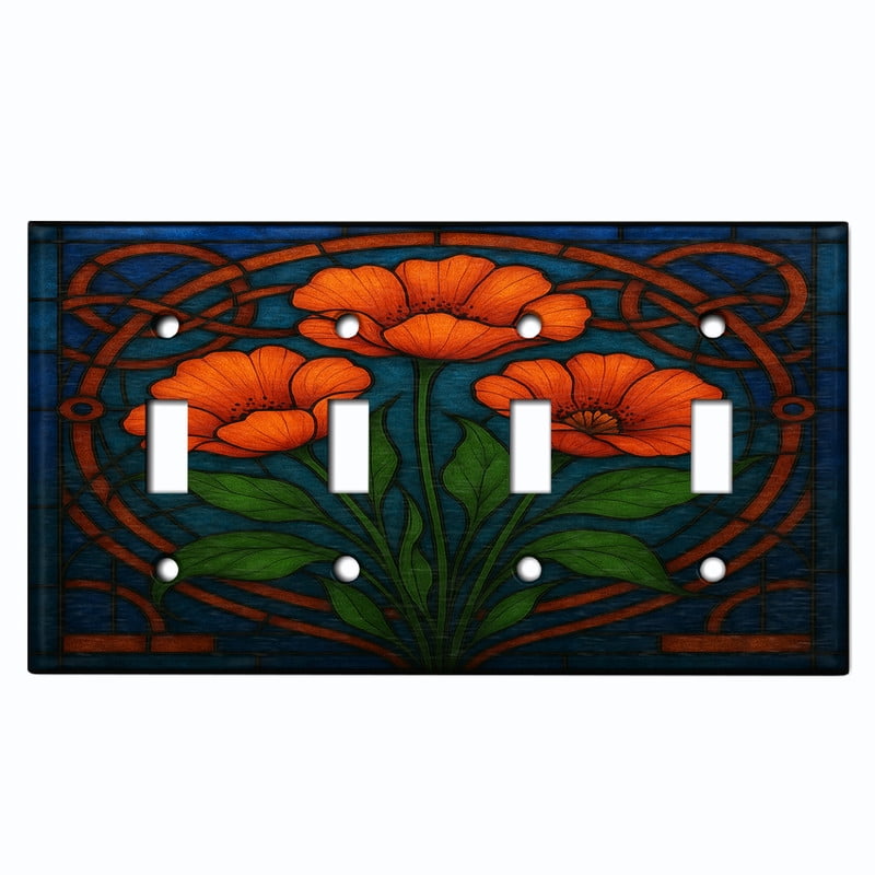 Metal Light Switch Wall Plate Outlet Cover (Printed Image of Stained Glass Poppy Flowers - Quad Toggle)