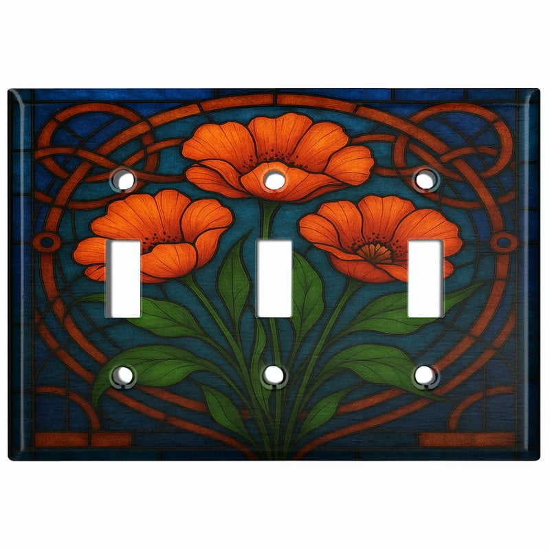 Metal Light Switch Wall Plate Outlet Cover (Printed Image of Stained Glass Poppy Flowers - Triple Toggle)