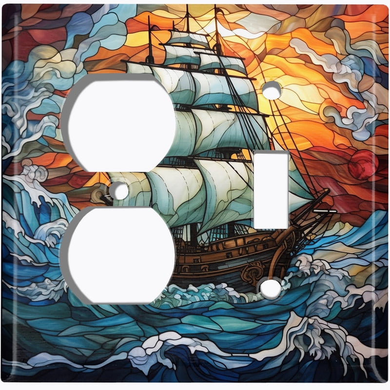 Metal Light Switch Wall Plate Outlet Cover (Printed Image of Stained Glass Ship at Sea - 2 Gang Duplex/Toggle)