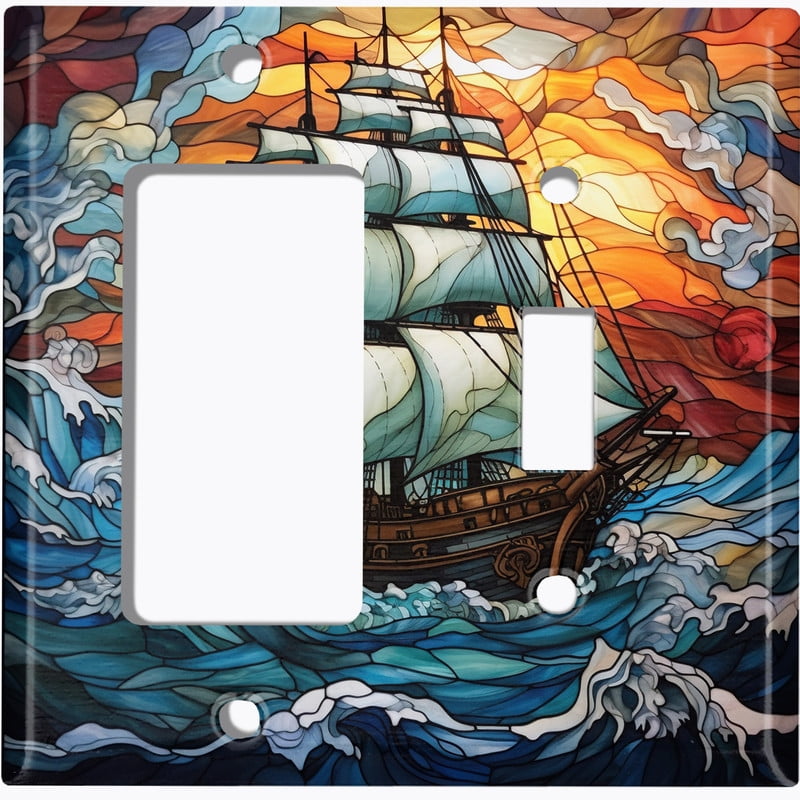 Metal Light Switch Wall Plate Outlet Cover (Printed Image of Stained Glass Ship at Sea - 2 Gang GFI Rocker/Toggle)