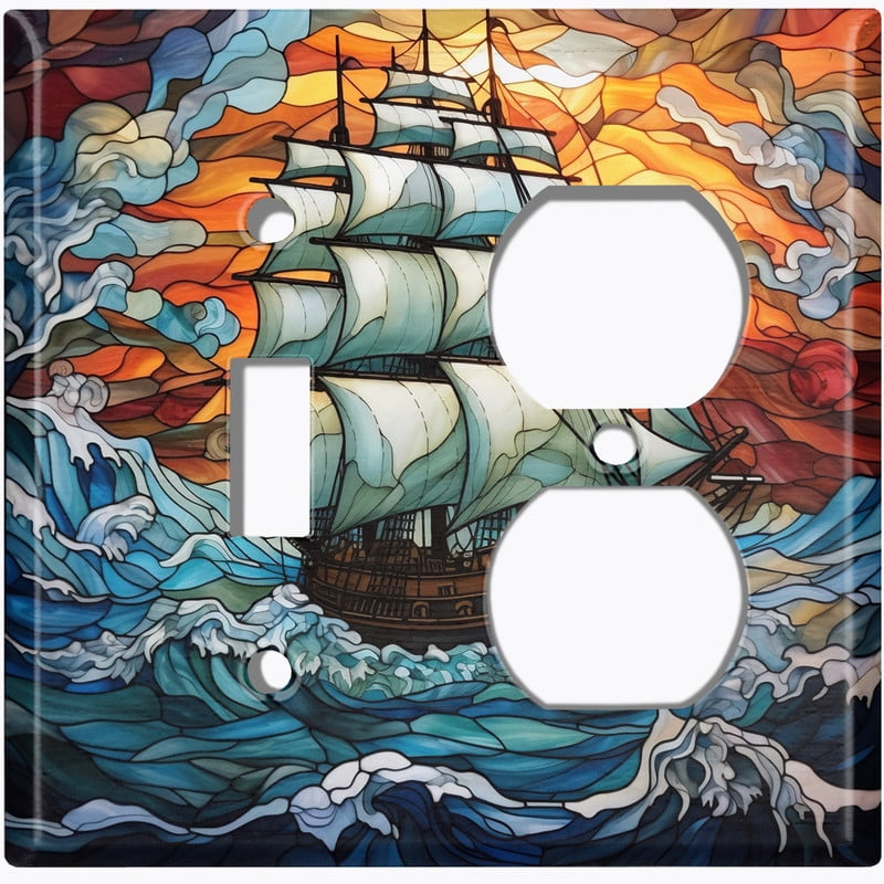 Metal Light Switch Wall Plate Outlet Cover (Printed Image of Stained Glass Ship at Sea - 2 Gang Toggle/Duplex)