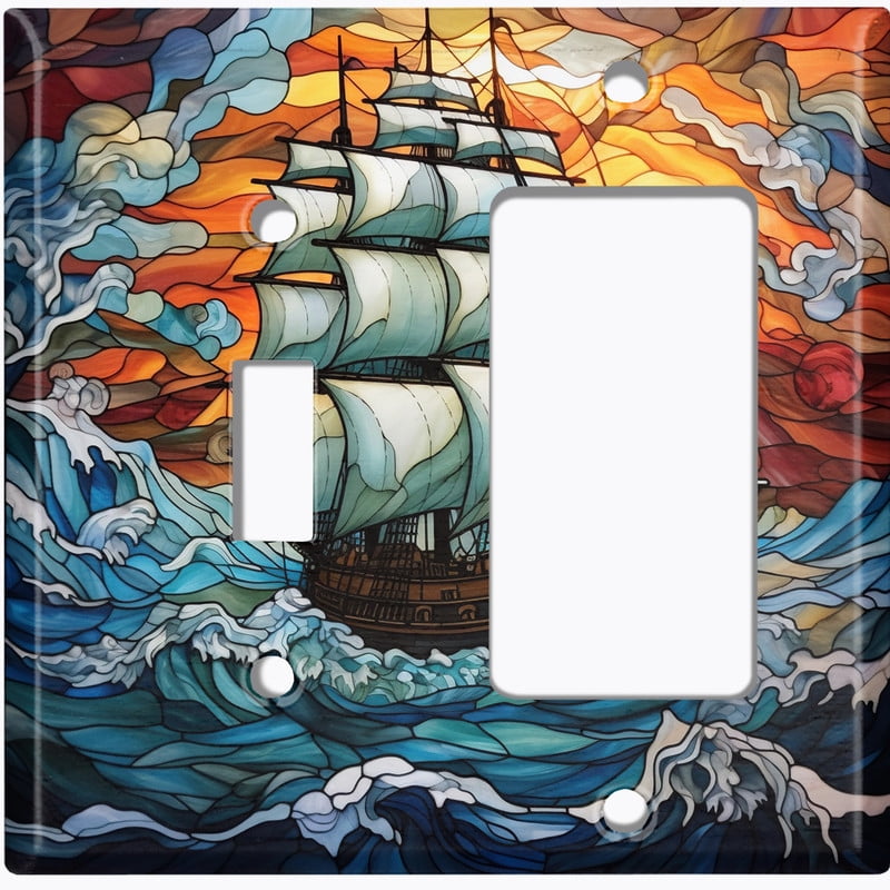 Metal Light Switch Wall Plate Outlet Cover (Printed Image of Stained Glass Ship at Sea - 2 Gang Toggle/GFI Rocker)
