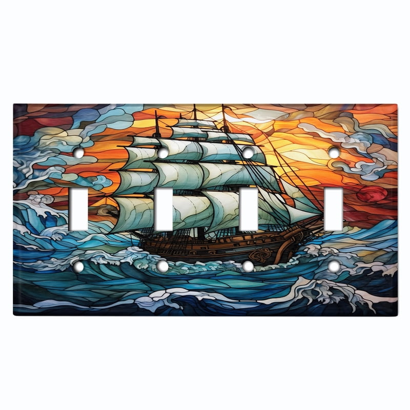 Metal Light Switch Wall Plate Outlet Cover (Printed Image of Stained Glass Ship at Sea - Quad Toggle)