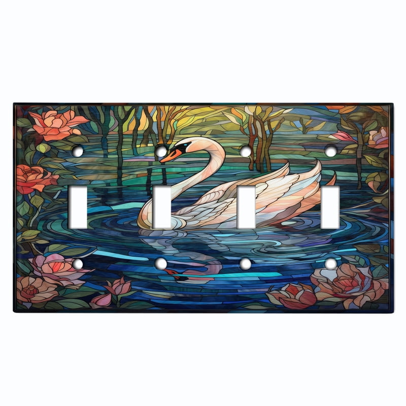 Metal Light Switch Wall Plate Outlet Cover (Printed Image of Stained Glass Swan - Quad Toggle)