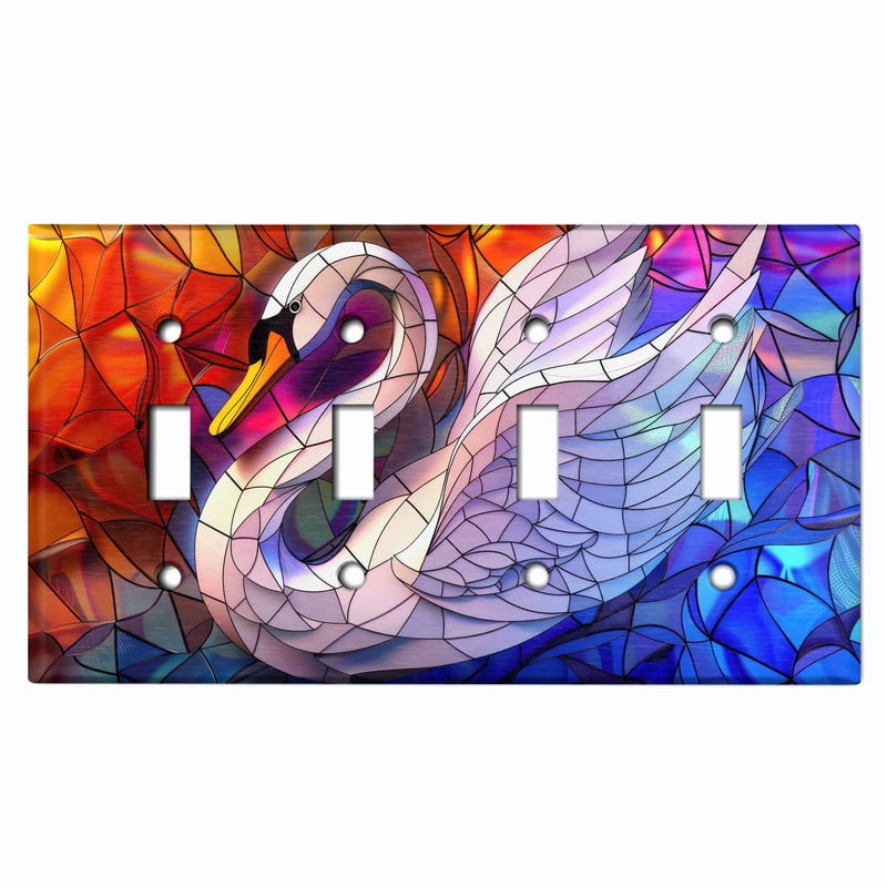 Metal Light Switch Wall Plate Outlet Cover (Printed Image of Stained Glass Swan - Quad Toggle)