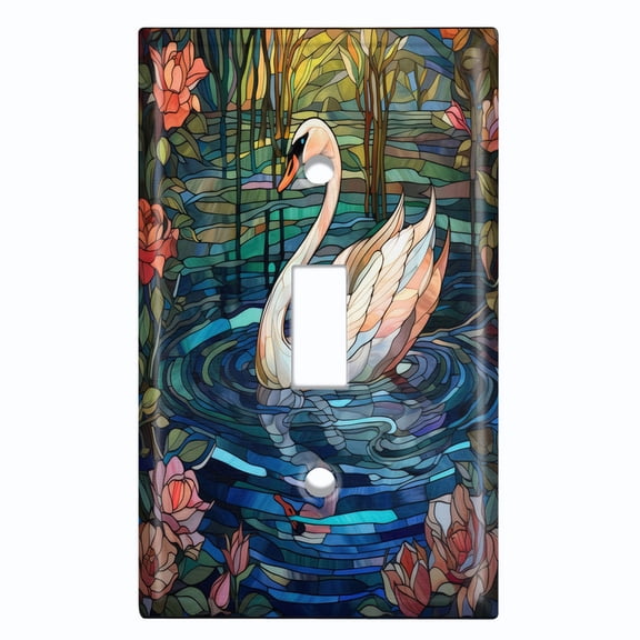 Metal Light Switch Wall Plate Outlet Cover (Printed Image of Stained Glass Swan - Single Toggle)