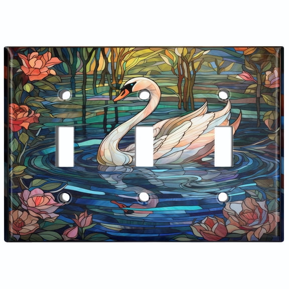 Metal Light Switch Wall Plate Outlet Cover (Printed Image of Stained Glass Swan - Triple Toggle)