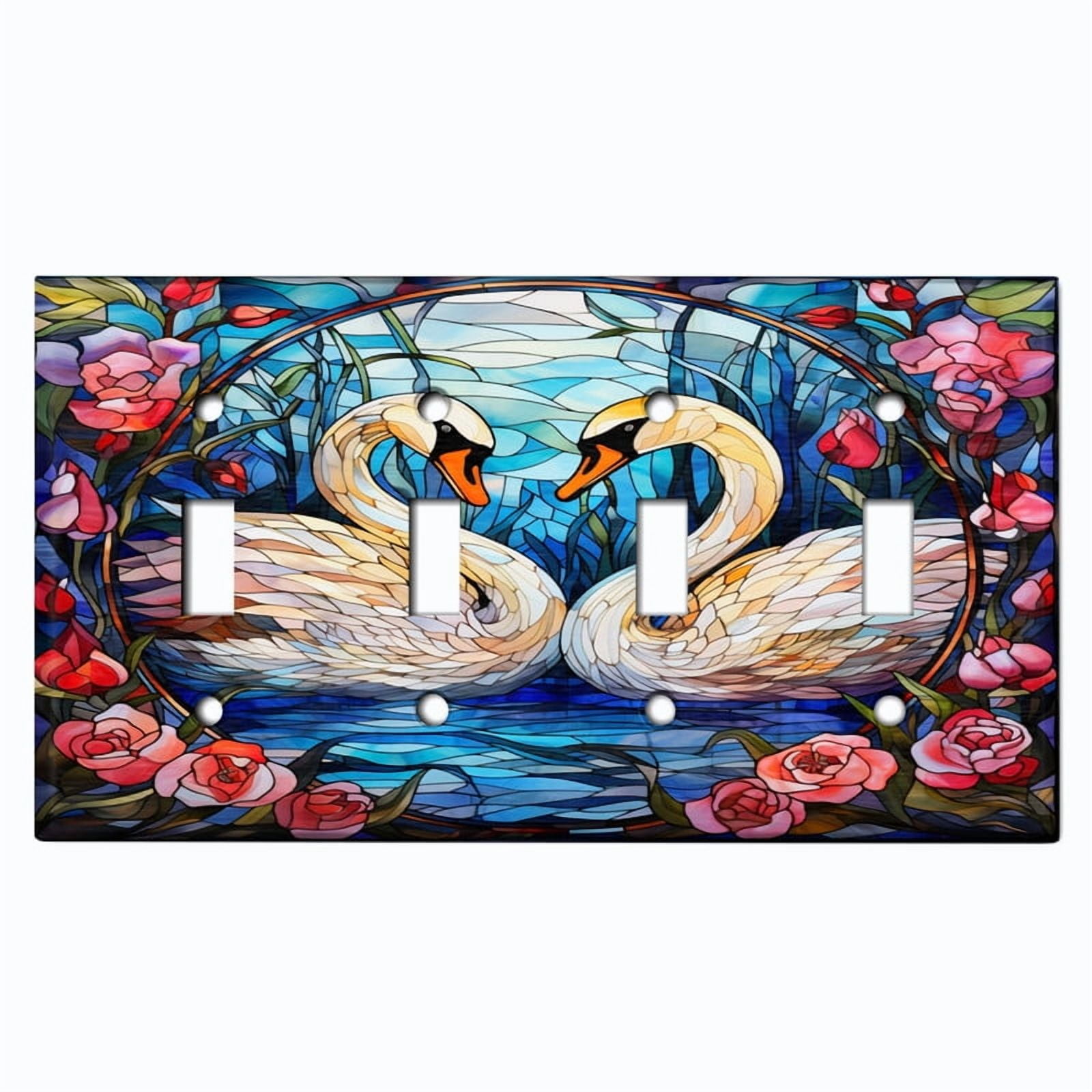 Metal Light Switch Wall Plate Outlet Cover (Printed Image of Stained Glass Swans - Quad Toggle)
