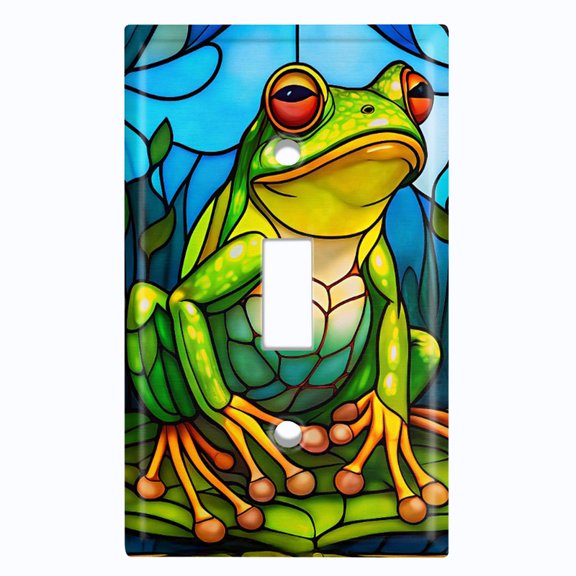 Metal Light Switch Wall Plate Outlet Cover (Printed Image of Stained Glass Tree Frog - Single Toggle)