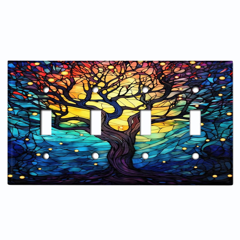 Metal Light Switch Wall Plate Outlet Cover (Printed Image of Stained Glass Tree - Quad Toggle)