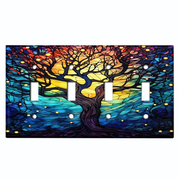 Metal Light Switch Wall Plate Outlet Cover (Printed Image of Stained Glass Tree - Quad Toggle)