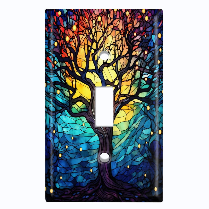 Metal Light Switch Wall Plate Outlet Cover (Printed Image of Stained Glass Tree - Single Toggle)