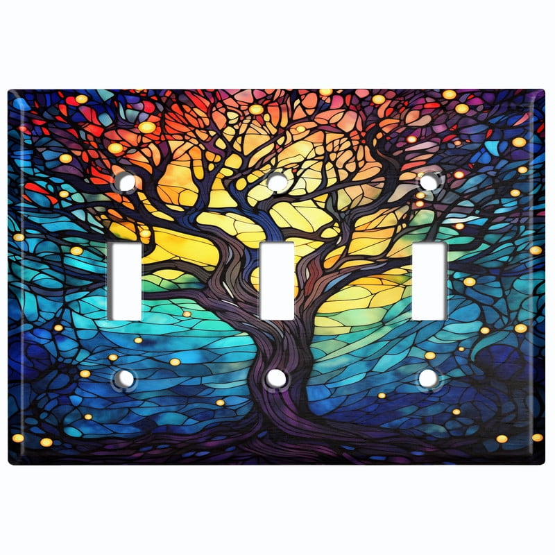 Metal Light Switch Wall Plate Outlet Cover (Printed Image of Stained Glass Tree - Triple Toggle)
