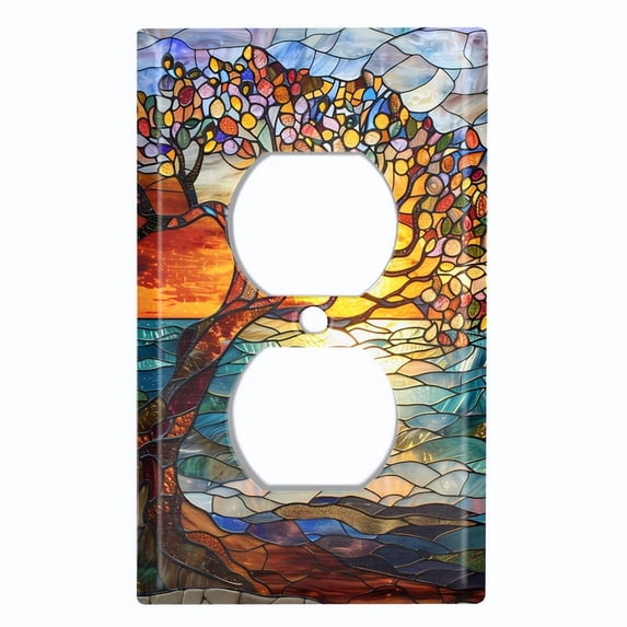 Metal Light Switch Wall Plate Outlet Cover (Printed Image of Stained Glass Tree with Sunset - Single Duplex)