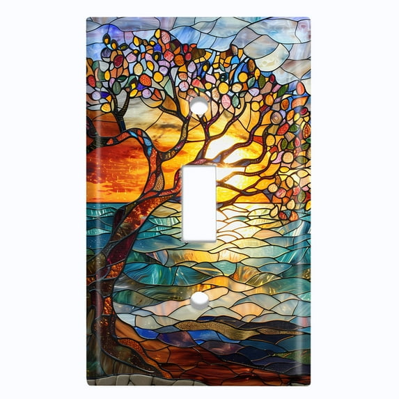 Metal Light Switch Wall Plate Outlet Cover (Printed Image of Stained Glass Tree with Sunset - Single Toggle)