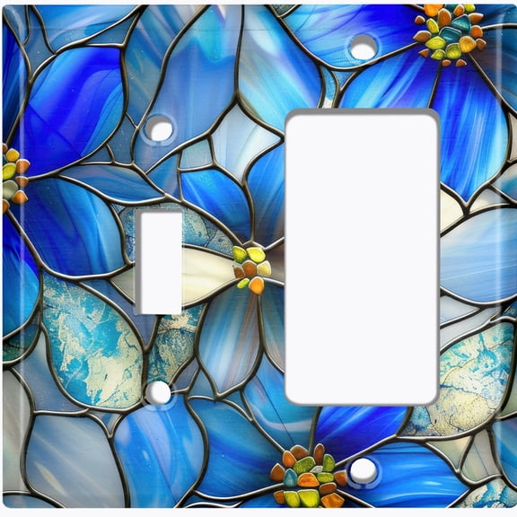 Metal Light Switch Wall Plate Outlet Cover (Printed Image of Stained Glass Tropical Flowers - 2 Gang Toggle/GFI Rocker)