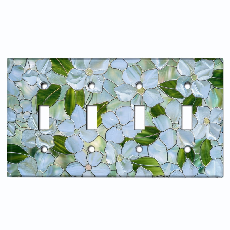 Metal Light Switch Wall Plate Outlet Cover (Printed Image of Stained Glass Tropical Flowers - Quad Toggle)