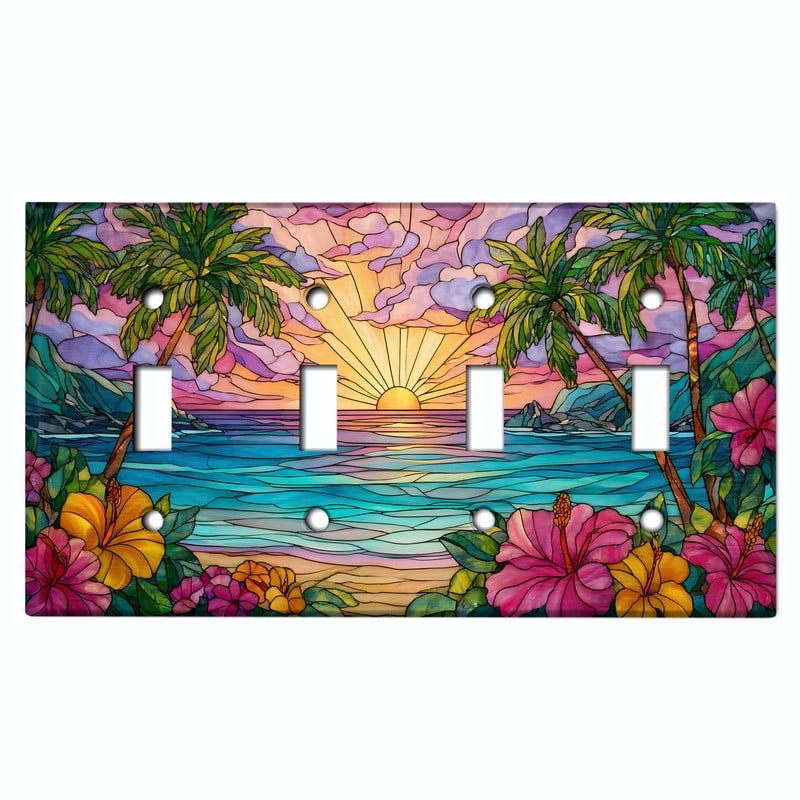 Metal Light Switch Wall Plate Outlet Cover (Printed Image of Stained Glass Tropical Sunset - Quad Toggle)