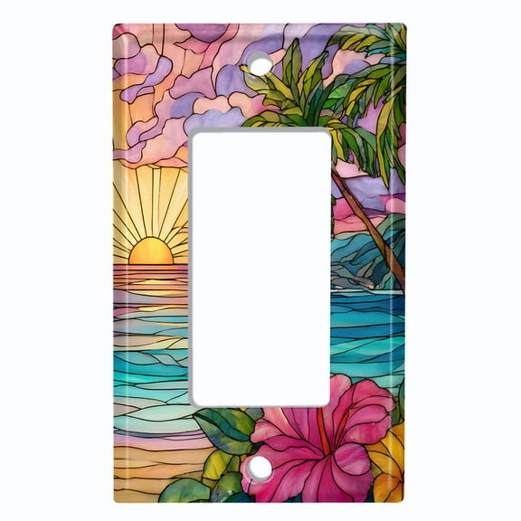 Metal Light Switch Wall Plate Outlet Cover (Printed Image of Stained Glass Tropical Sunset - Single GFI/Rocker)