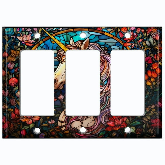 Metal Light Switch Wall Plate Outlet Cover (Printed Image of Stained Glass Unicorn - Triple GFI/Rocker)