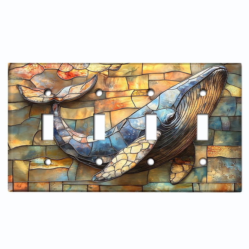 Metal Light Switch Wall Plate Outlet Cover (Printed Image of Stained Glass Whale - Quad Toggle)