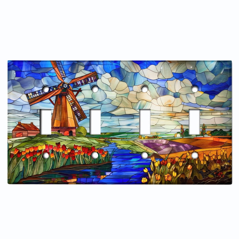 Metal Light Switch Wall Plate Outlet Cover (Printed Image of Stained Glass Windmill Landscape - Quad Toggle)