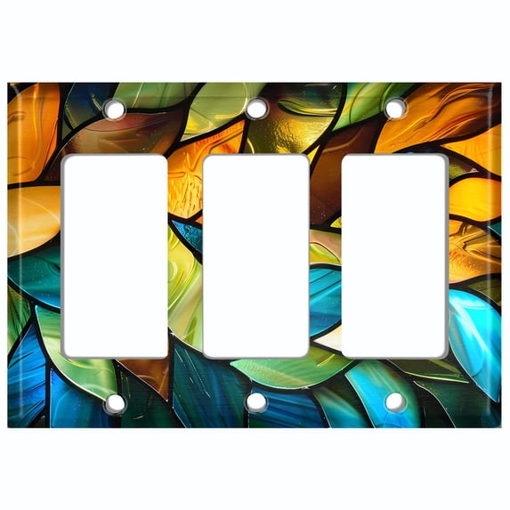 Metal Light Switch Wall Plate Outlet Cover (Printed Image of Stained Glass leaves - Triple GFI/Rocker)