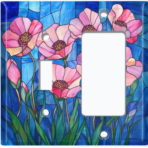 Metal Light Switch Wall Plate Outlet Cover (Printed Image of Stained glass flowers - 2 Gang Toggle/GFI Rocker)