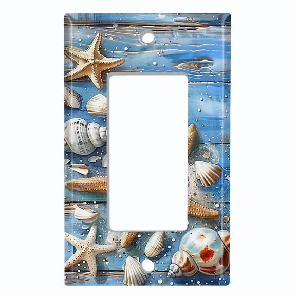 Metal Light Switch Wall Plate Outlet Cover (Printed Image of Starfish and Sea Shells - Single GFI/Rocker)