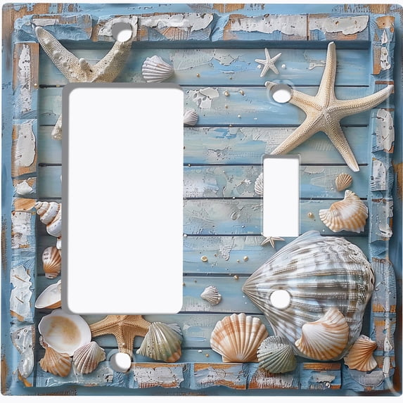 Metal Light Switch Wall Plate Outlet Cover (Printed Image of Starfish and Seashells - 2 Gang GFI Rocker/Toggle)
