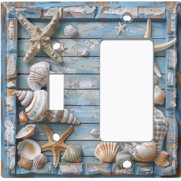 Metal Light Switch Wall Plate Outlet Cover (Printed Image of Starfish and Seashells - 2 Gang Toggle/GFI Rocker)