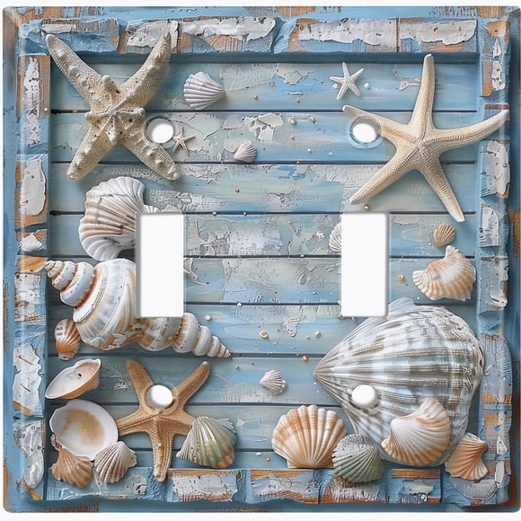 Metal Light Switch Wall Plate Outlet Cover (Printed Image of Starfish and Seashells - Double Toggle)