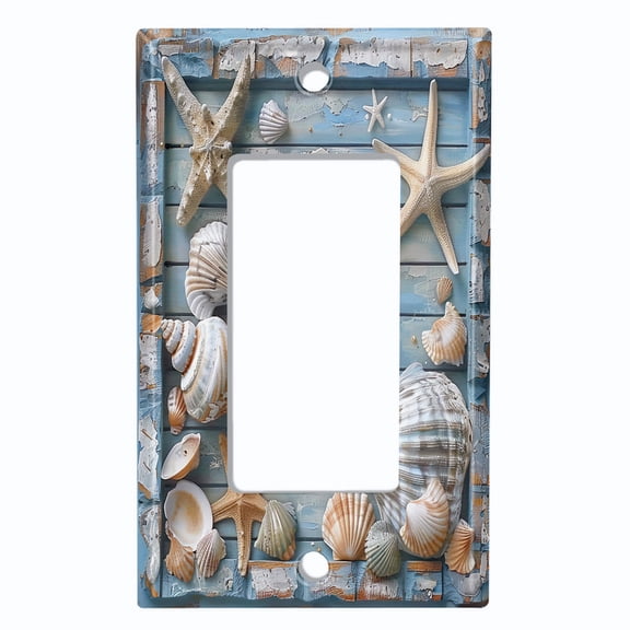 Metal Light Switch Wall Plate Outlet Cover (Printed Image of Starfish and Seashells - Single GFI/Rocker)