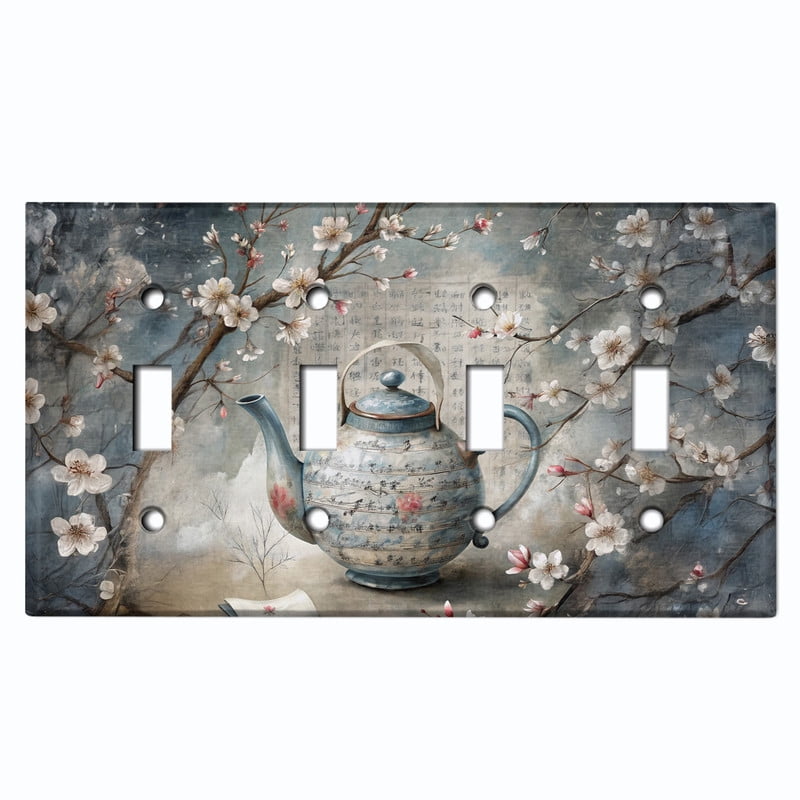 Metal Light Switch Wall Plate Outlet Cover (Printed Image of Teapot with Cherry Blossoms - Quad Toggle)