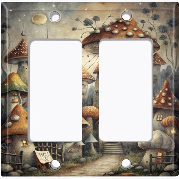 Metal Light Switch Wall Plate Outlet Cover (Printed Image of Tiny Mushroom Town - Double GFI/Rocker)