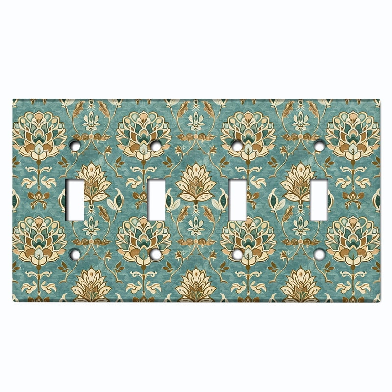 Metal Light Switch Wall Plate Outlet Cover (Printed Image of Traditional Floral - Quad Toggle)