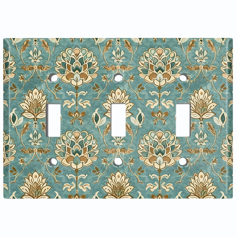 Metal Light Switch Wall Plate Outlet Cover (Printed Image of Traditional Floral - Triple Toggle)
