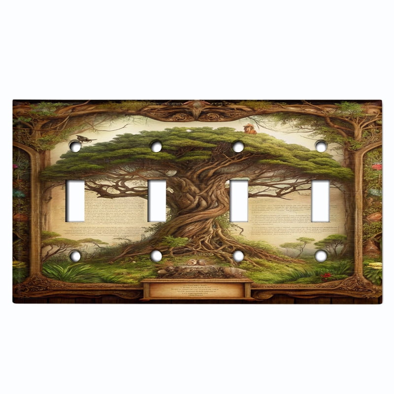 Metal Light Switch Wall Plate Outlet Cover (Printed Image of Tree of Life - Quad Toggle)