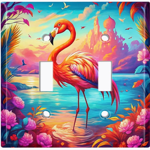 Metal Light Switch Wall Plate Outlet Cover (Printed Image of Vibrant Flamingo in a Fantasy Landscape - Double Toggle)