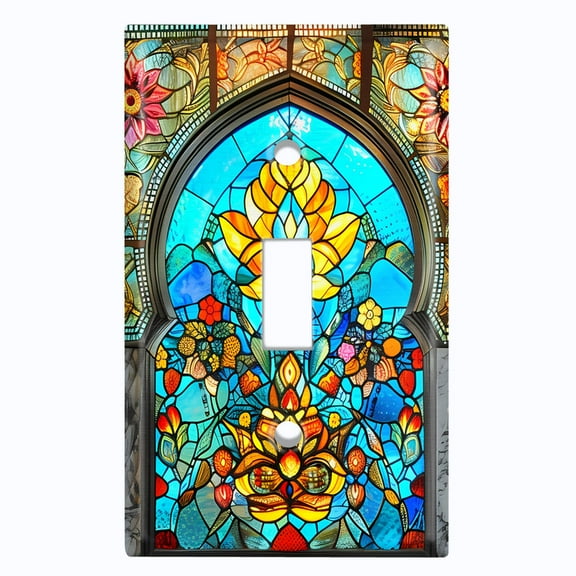 Metal Light Switch Wall Plate Outlet Cover (Printed Image of Vibrant Floral Stained Glass - Single Toggle)