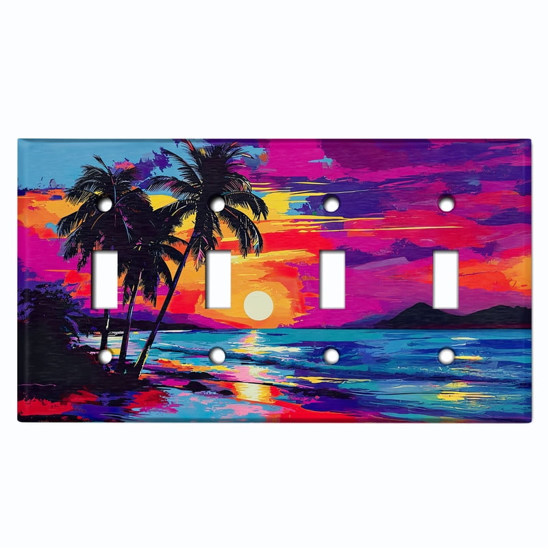 Metal Light Switch Wall Plate Outlet Cover (Printed Image of Vibrant Neon Sunset - Quad Toggle)