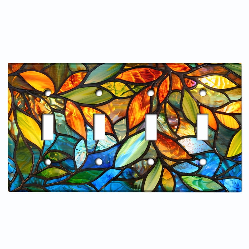 Metal Light Switch Wall Plate Outlet Cover (Printed Image of Vibrant Stained Glass - Quad Toggle)