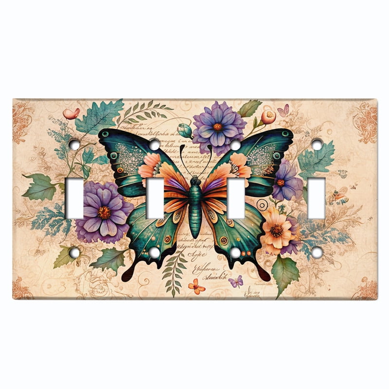Metal Light Switch Wall Plate Outlet Cover (Printed Image of Vintage Botanical Butterfly Illustration - Quad Toggle)