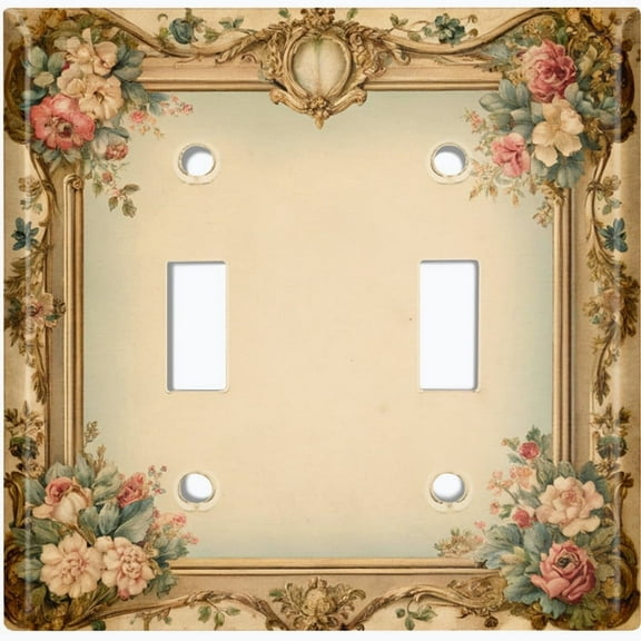 Metal Light Switch Wall Plate Outlet Cover (Printed Image of Vintage Floral Border - Double Toggle)