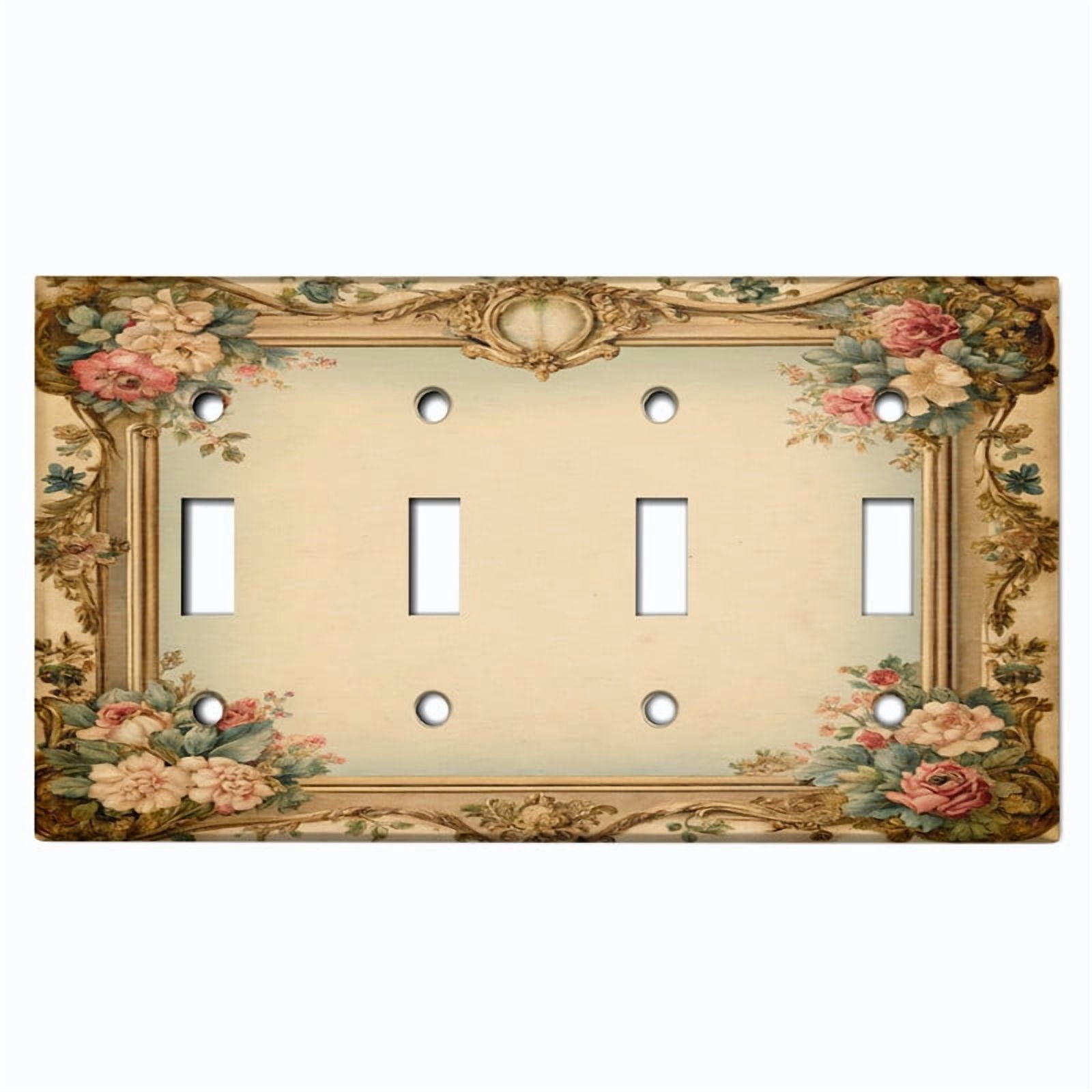 Metal Light Switch Wall Plate Outlet Cover (Printed Image of Vintage Floral Border - Quad Toggle)