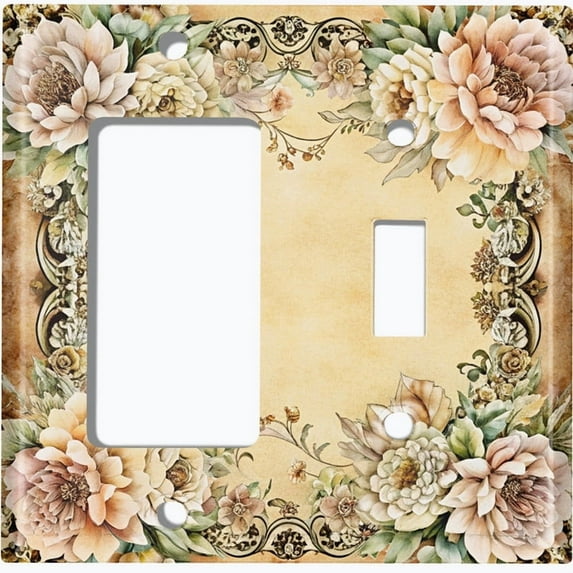Metal Light Switch Wall Plate Outlet Cover (Printed Image of Vintage Floral Frame - 2 Gang GFI Rocker/Toggle)
